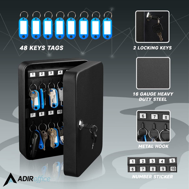 AdirOffice Key Lock Box â€“ 48 Key Hooks Wall Mounted Key Cabinet Lock Box, Car Keys Holder Box, Lockable Key Storage Box - Metal Key Box Organizer with for Home and Office - Image 2